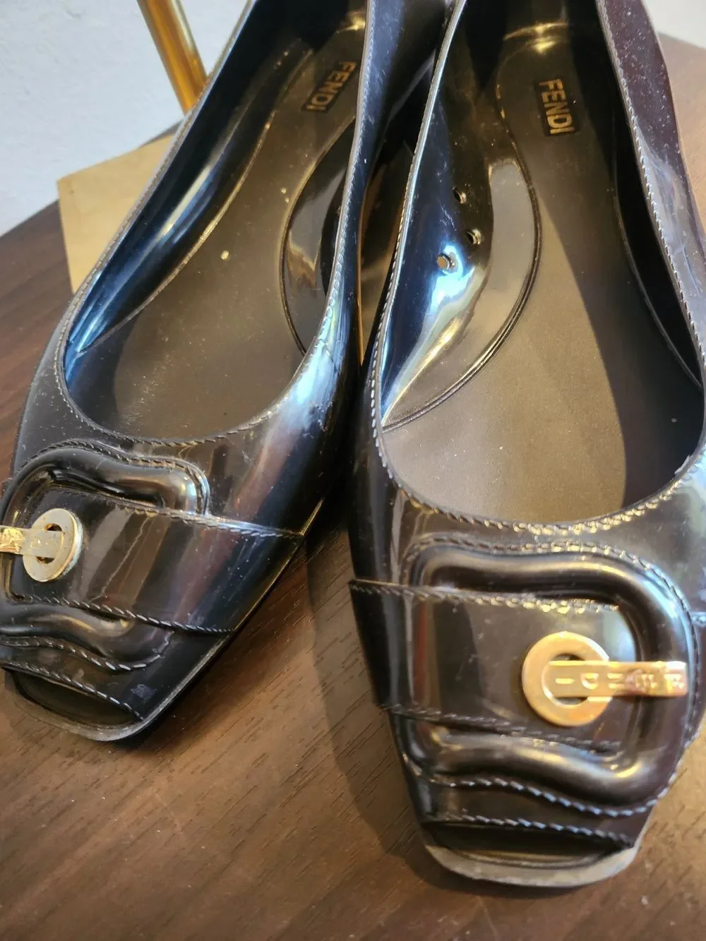 Fendi Black Patent Leather Ballet Flats with Gold Buckle Accent